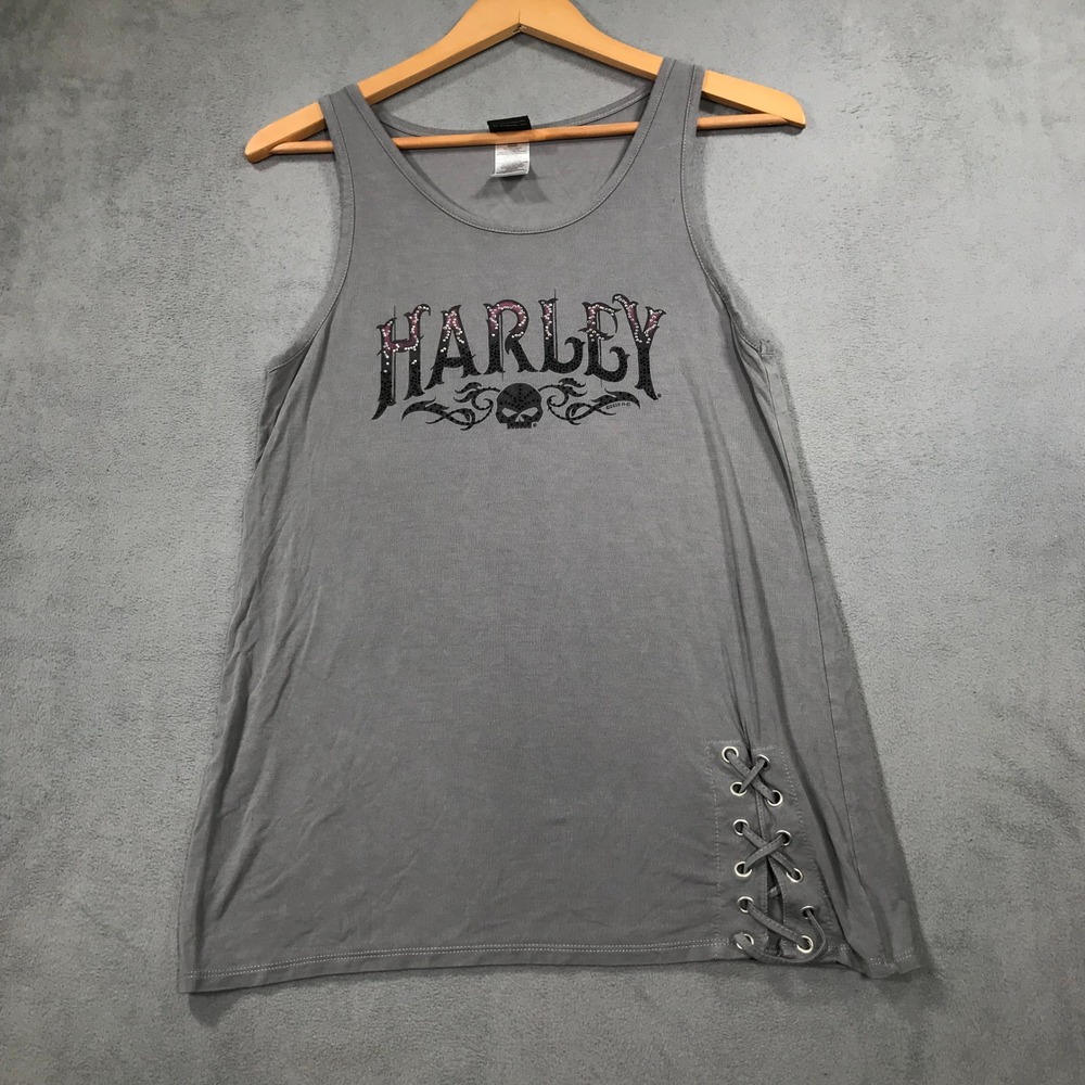 Harley Davidson Womens Gray Rhinestone Skull Lace Up Tank Top Medium Rayon